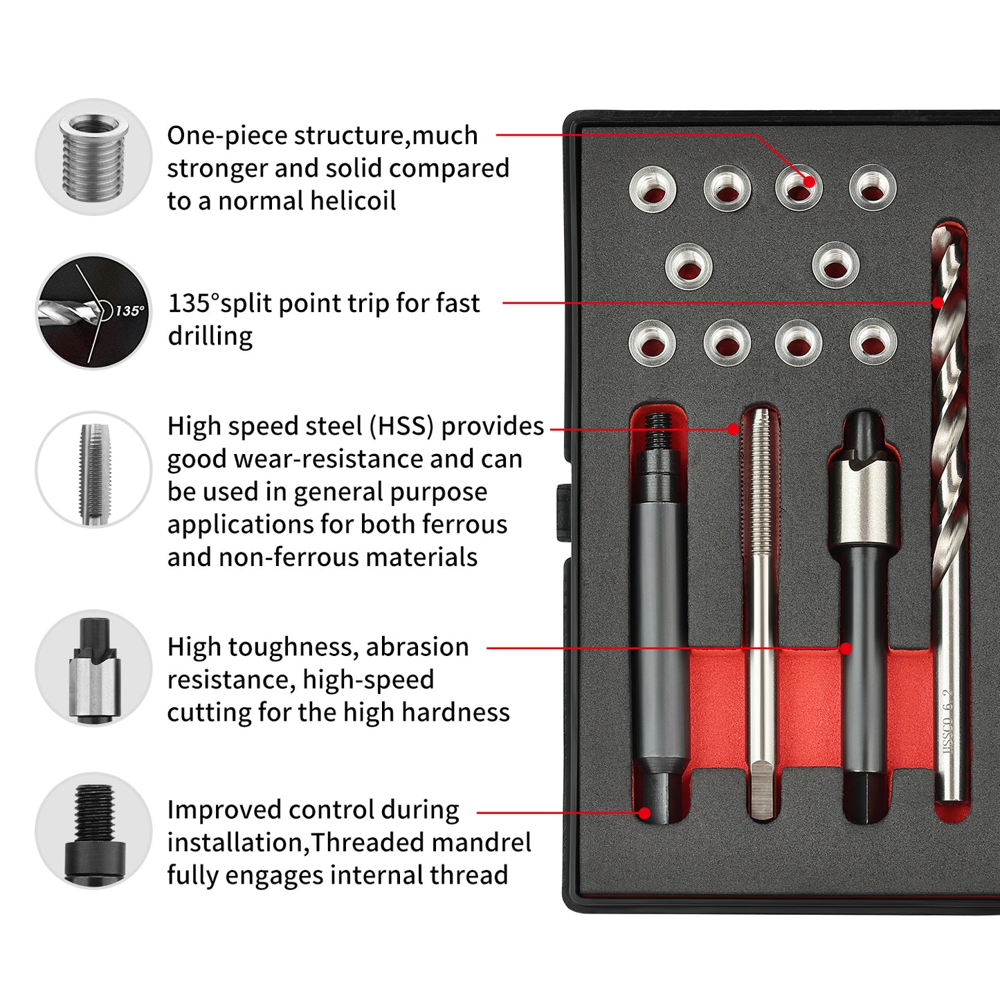 SENNMONN M5X0.8 Thread Repair Kit with Insert HSS Drill, Tap, Counterbore, Installation Driver, Metric, 10PCS Stainless Steel Insert M5X0.8X7.6MM