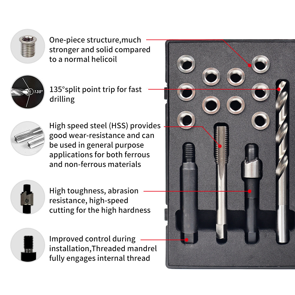 SENNMONN M10x1.5 Thread Repair Kit with 14mm Insert HSS Drill, Tap, Counterbore,Installation Driver,Stainless Steel Insert M10*1.5 * 14mm *10pcs