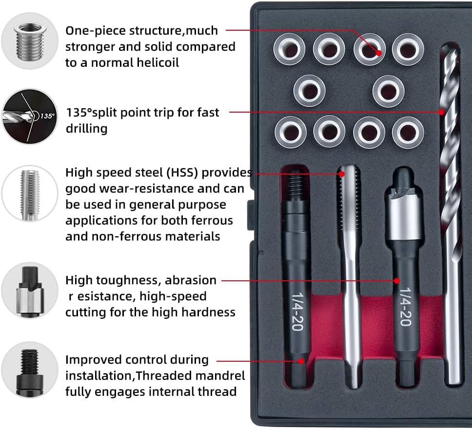 SENNMONN 1/4-20 SAE Thread Repair Kit with Insert HSS Drill, Tap, Counterbore, Installation Driver, 10PCS Stainless Steel Insert 1/4-20 X 0.380 INCH