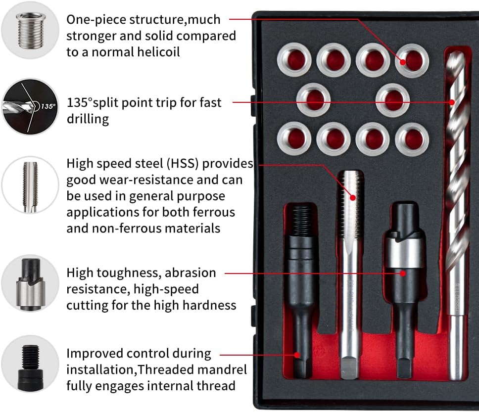 SENNMONN 7/16-14 SAE Thread Repair Kit with Insert HSS Drill, Tap, Counterbore, Installation Driver, 10PCS Stainless Steel Insert 7/16-14X0.600 INCH