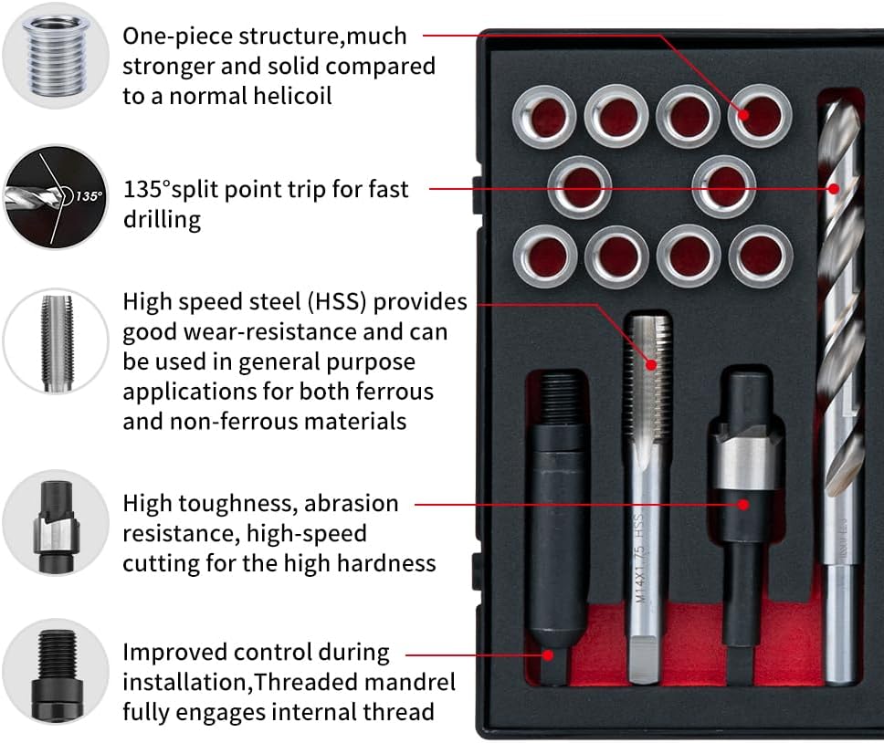 SENNMONN M12X1.75 Metric Thread Repair Kit with Insert HSS Drill, Tap, Counterbore, Installation Driver, 10PCS Stainless Steel Insert M12X1.75X16.2MM