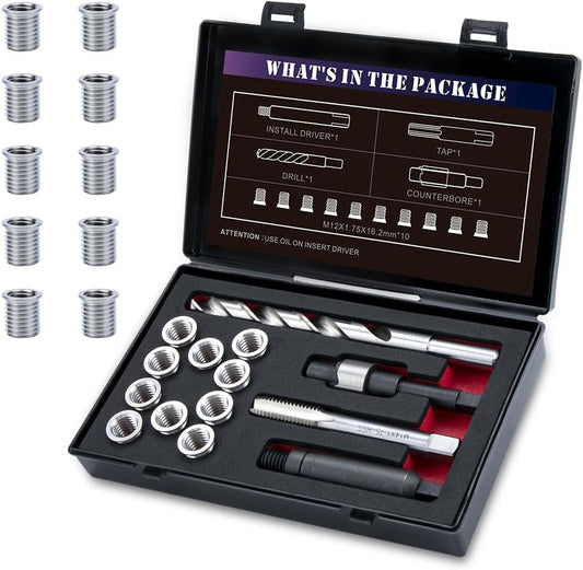 SENNMONN M12X1.75 Metric Thread Repair Kit with Insert HSS Drill, Tap, Counterbore, Installation Driver, 10PCS Stainless Steel Insert M12X1.75X16.2MM
