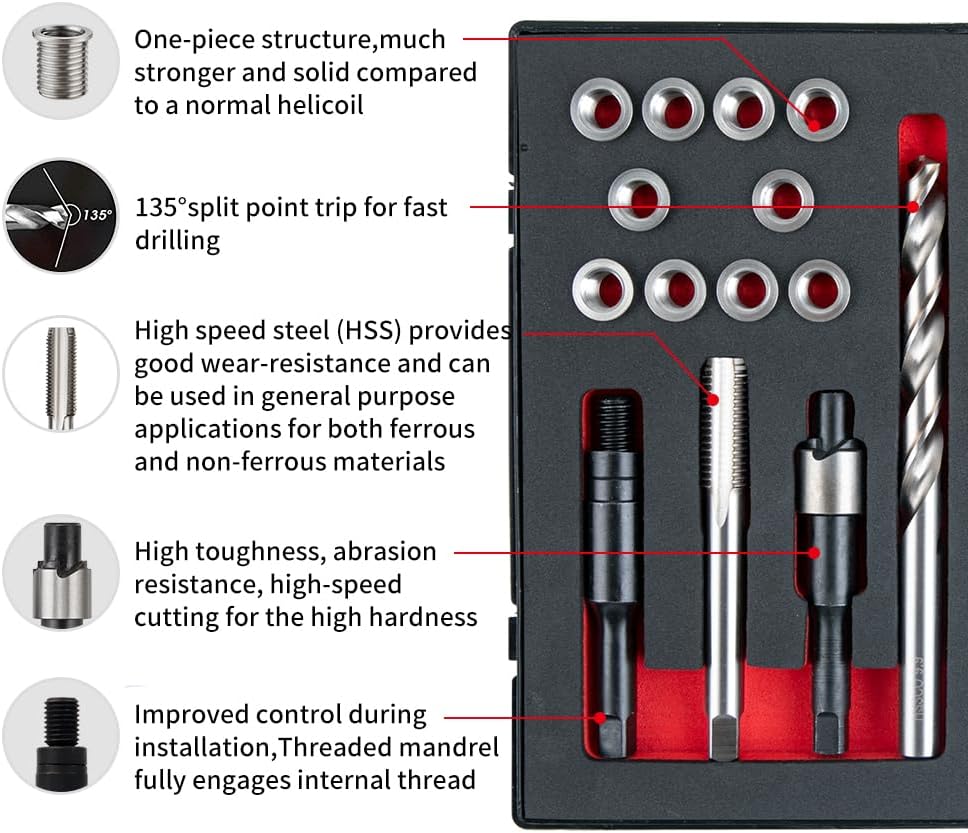 SENNMONN 3/8-16 SAE Thread Repair Kit with Insert HSS Drill, Tap, Counterbore, Installation Driver, 10PCS Stainless Steel Insert 3/8-16X0.520 INCH
