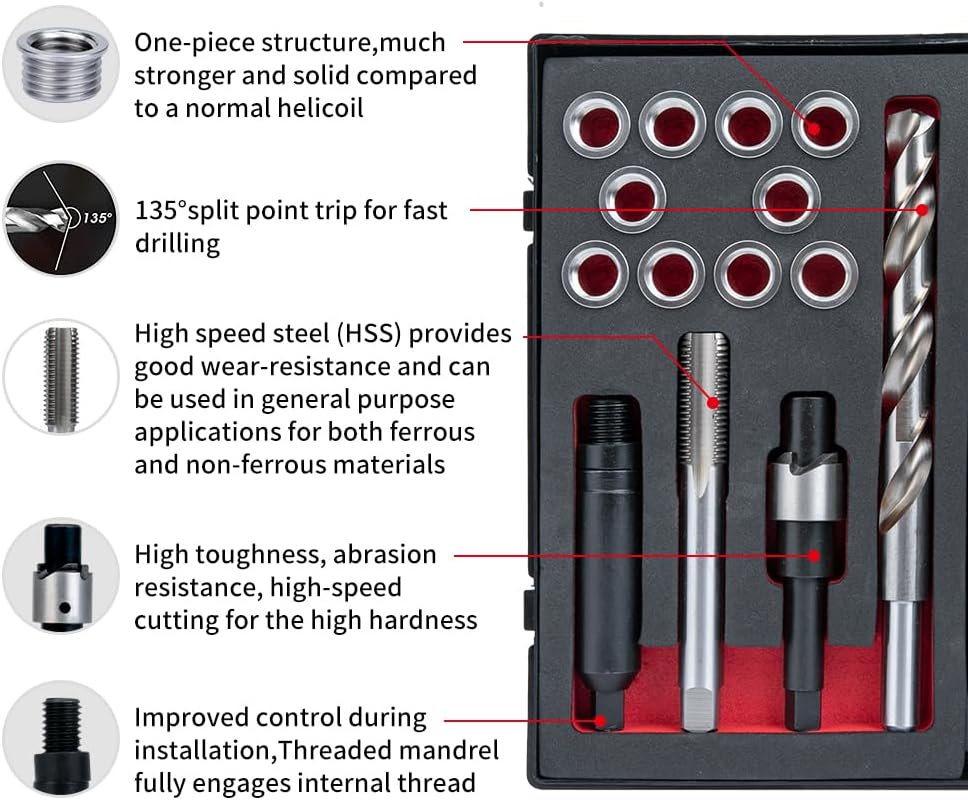 SENNMONN M12X1.5 Thread Repair Kit with Insert HSS Drill, Tap, Counterbore, Installation Driver, Metric, 10PCS Stainless Steel Insert M12X1.5X9.2MM