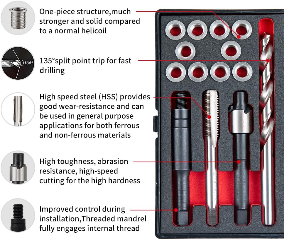 SENNMONN 5/16-18 SAE Thread Repair Kit with Insert HSS Drill, Tap, Counterbore, Installation Driver, 10PCS Stainless Steel Insert 5/16-18X0.450 INCH