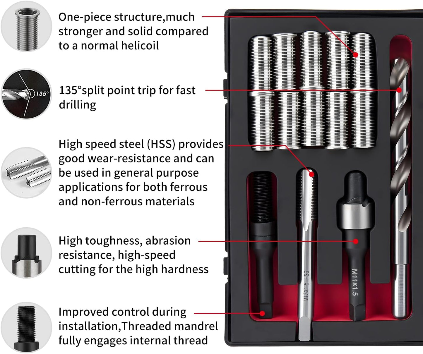 SENNMONN M11X1.5 Metric Thread Repair Kit with Insert HSS Drill, Tap, Counterbore, Installation Driver, 10PCS Stainless Steel Insert M11X1.5X30MM
