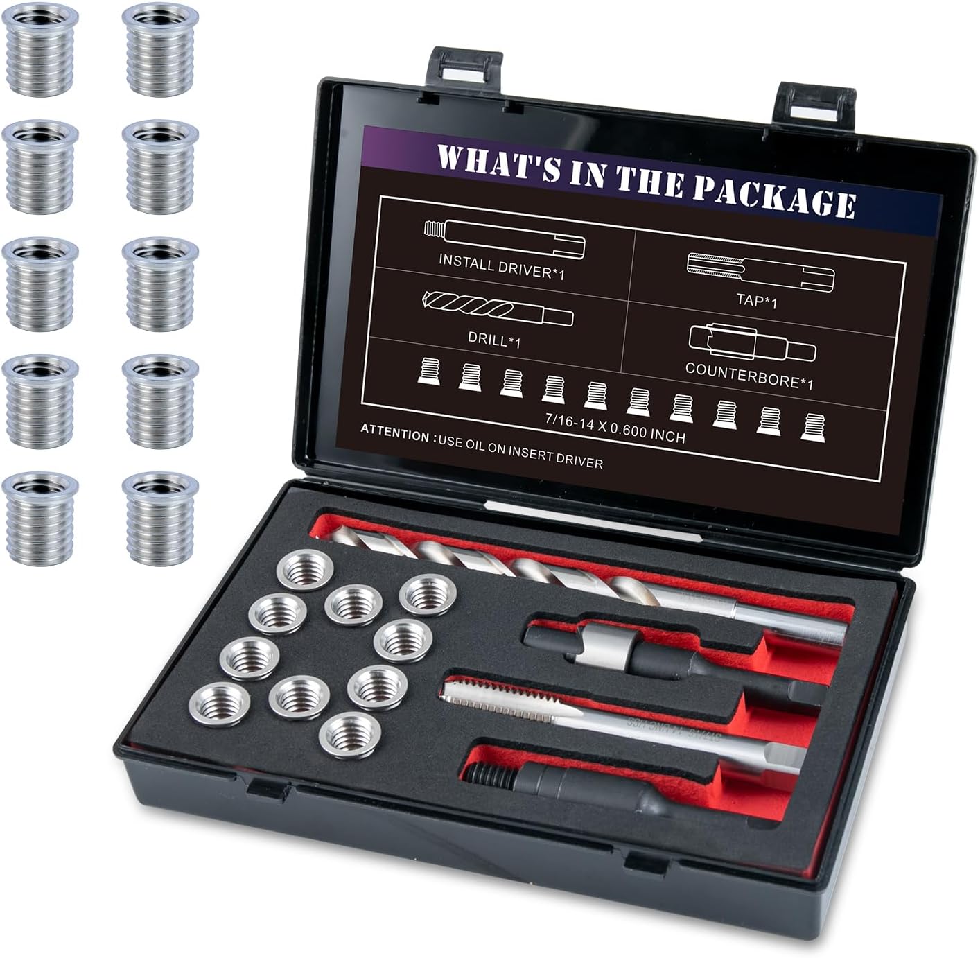 SENNMONN 7/16-14 SAE Thread Repair Kit with Insert HSS Drill, Tap, Counterbore, Installation Driver, 10PCS Stainless Steel Insert 7/16-14X0.600 INCH