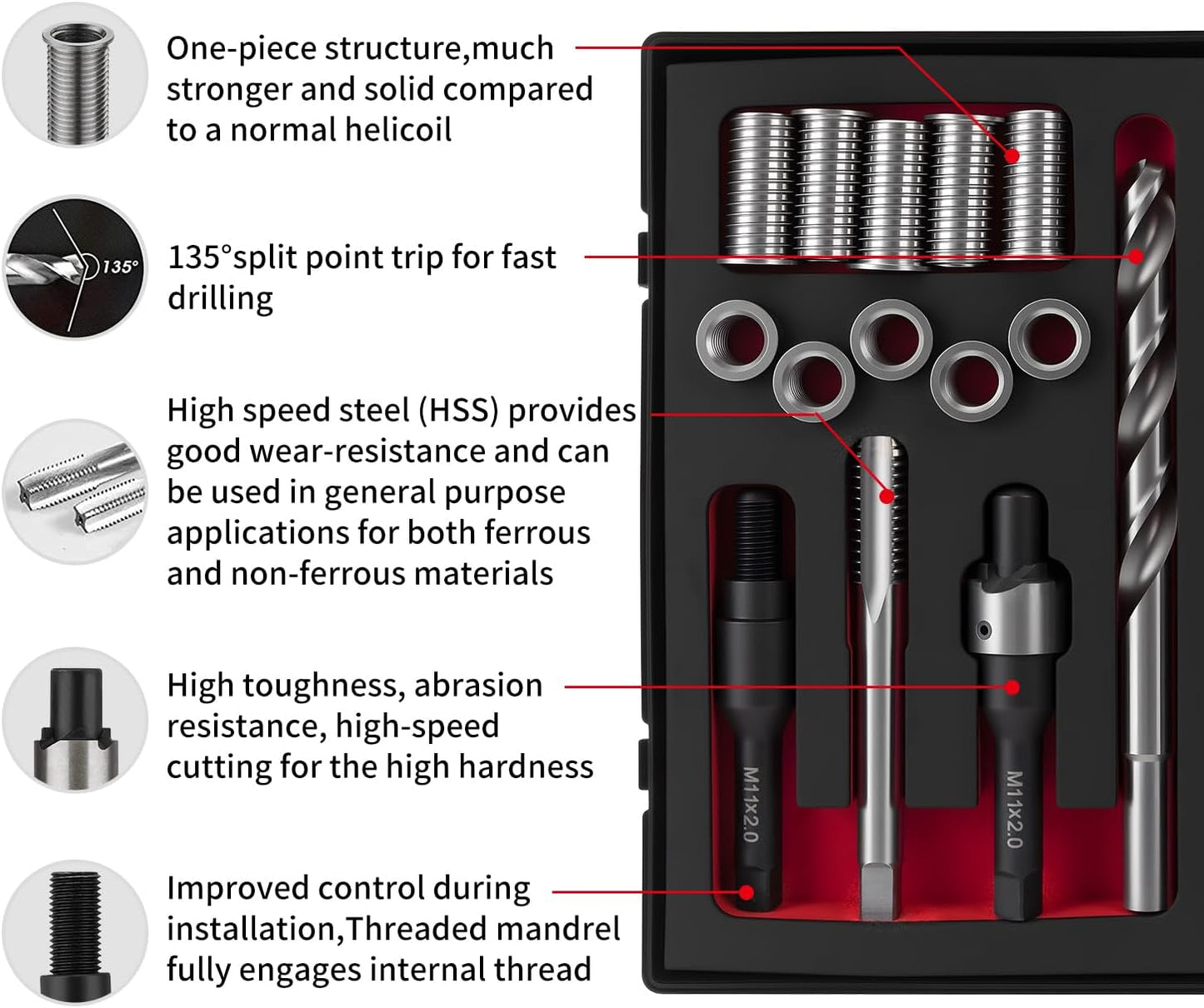 SENNMONN M11X2.0 Metric Thread Repair Kit with Insert HSS Drill, Tap, Installation Driver, Counterbore, Stainless Steel Insert 5PCS 16.2MM&5PCS 28.2MM