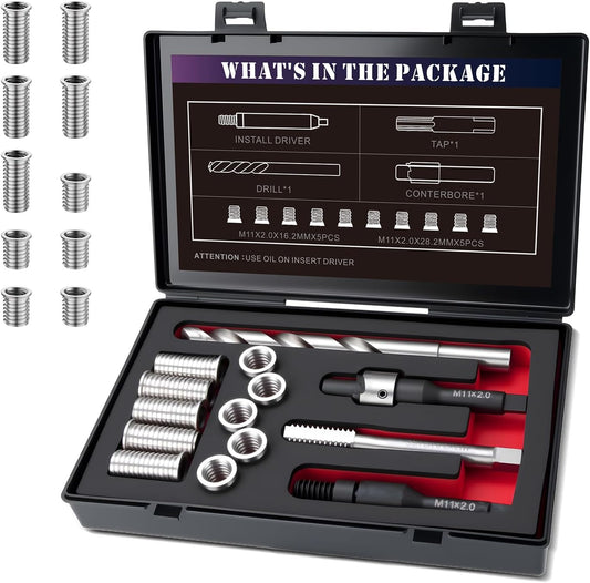 SENNMONN M11X2.0 Metric Thread Repair Kit with Insert HSS Drill, Tap, Installation Driver, Counterbore, Stainless Steel Insert 5PCS 16.2MM&5PCS 28.2MM
