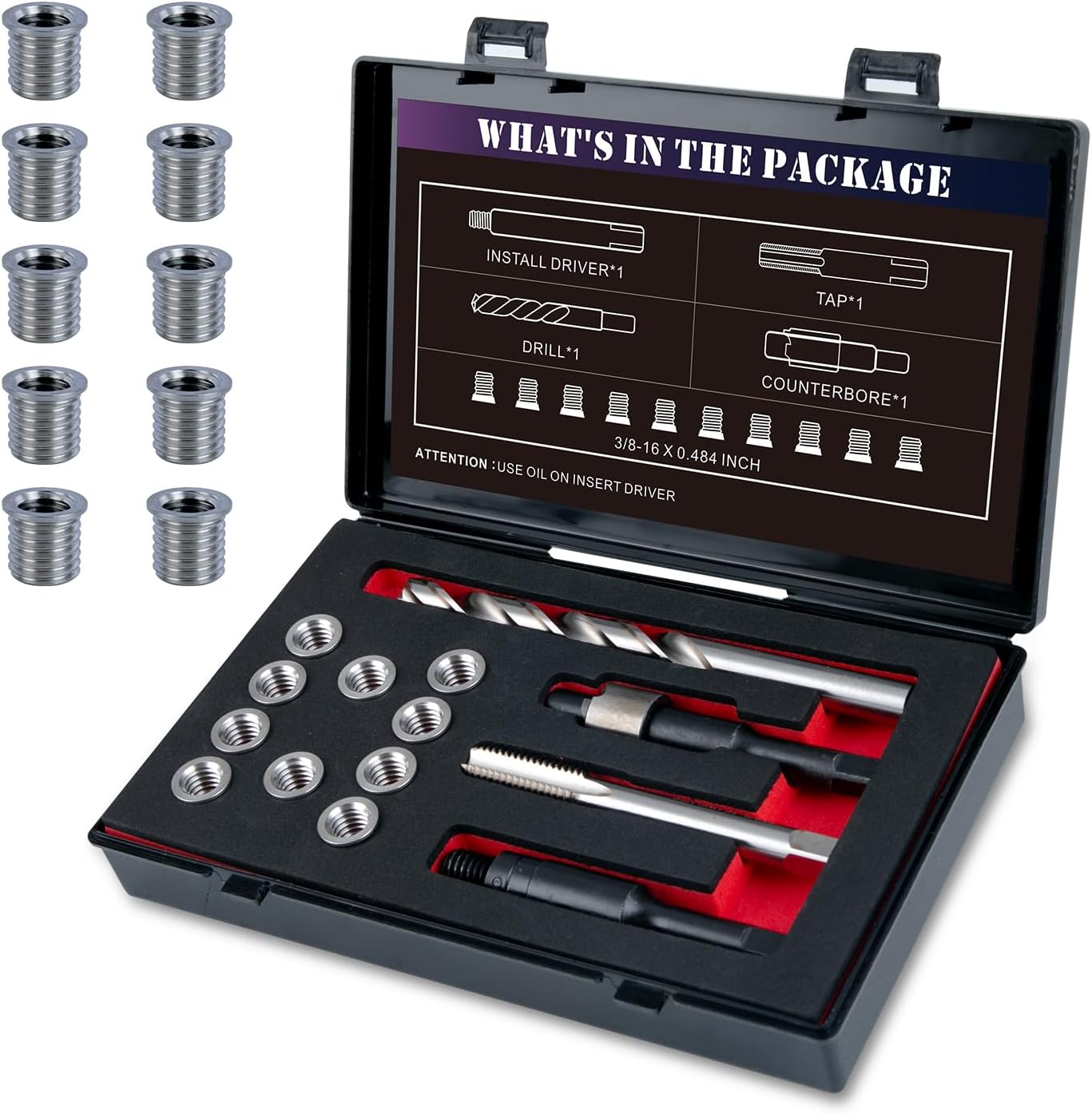 SENNMONN 3/8-16 SAE Thread Repair Kit with Insert HSS Drill, Tap, Counterbore, Installation Driver, 10PCS Stainless Steel Insert 3/8-16X0.484 INCH