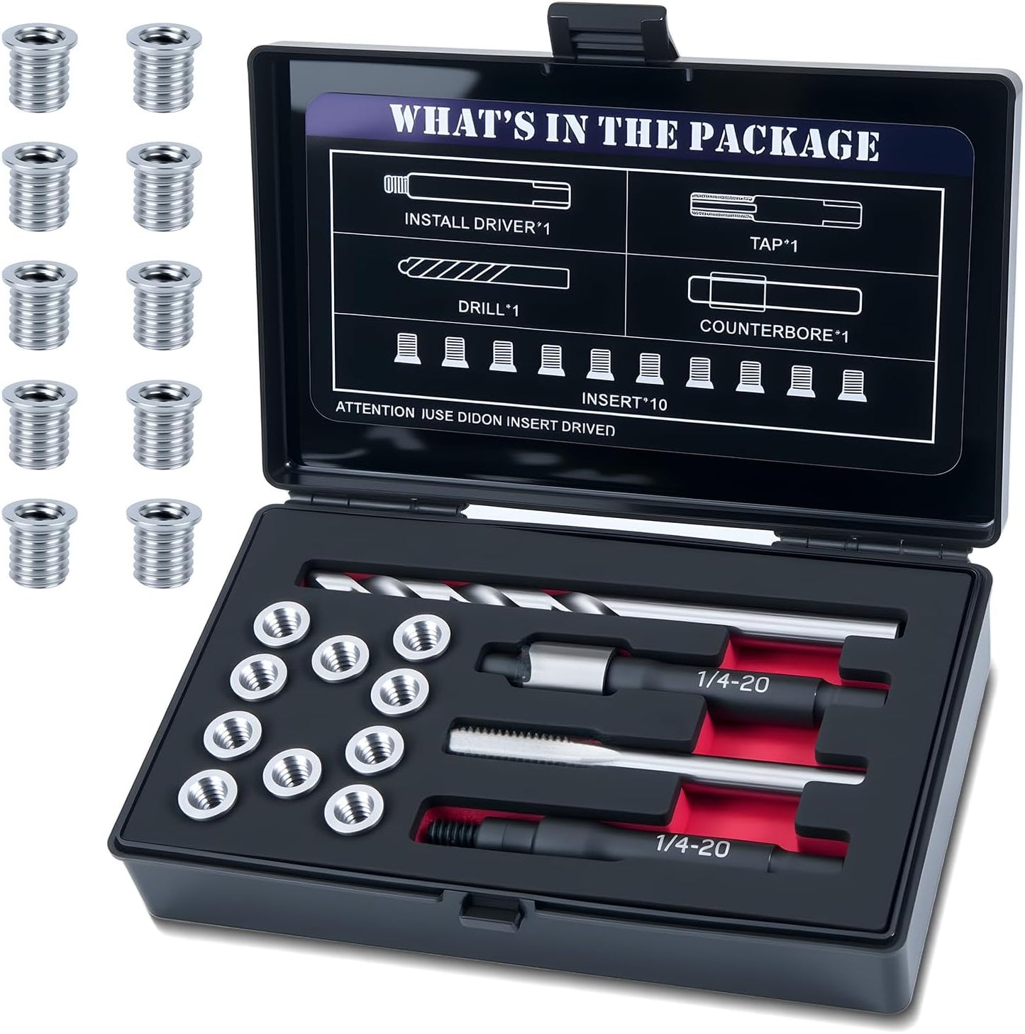 SENNMONN 1/4-20 SAE Thread Repair Kit with Insert HSS Drill, Tap, Counterbore, Installation Driver, 10PCS Stainless Steel Insert 1/4-20 X 0.380 INCH