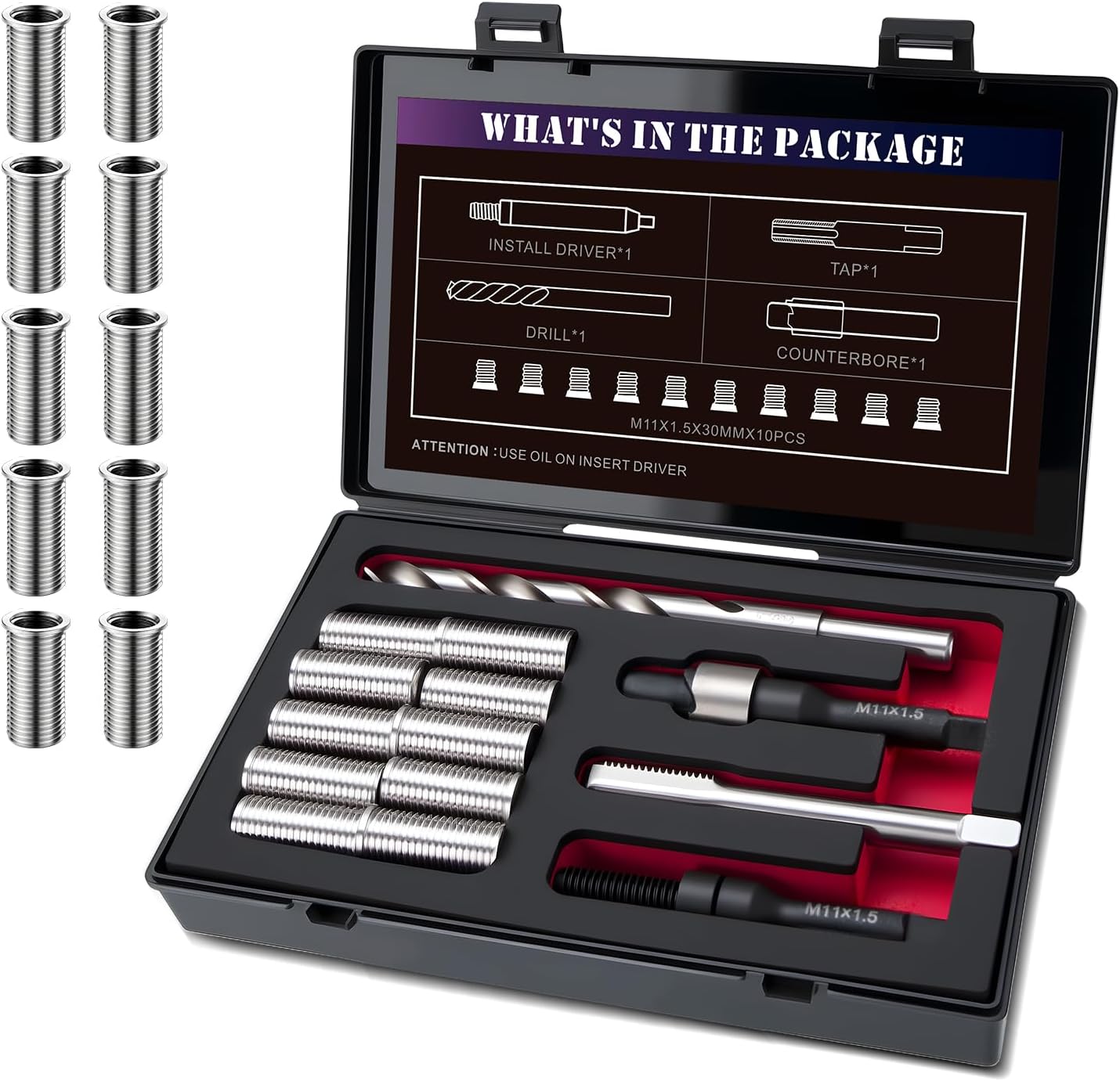 SENNMONN M11X1.5 Metric Thread Repair Kit with Insert HSS Drill, Tap, Counterbore, Installation Driver, 10PCS Stainless Steel Insert M11X1.5X30MM