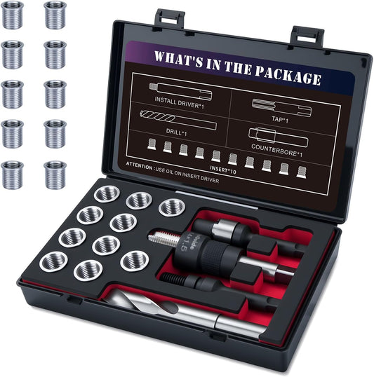 SENNMONN M14X1.5 Metric Thread Repair Kit with Insert HSS Drill, Tap, Counterbore, Installation Driver, Tap Guides, 10PC Stainless Steel Insert 17.8MM