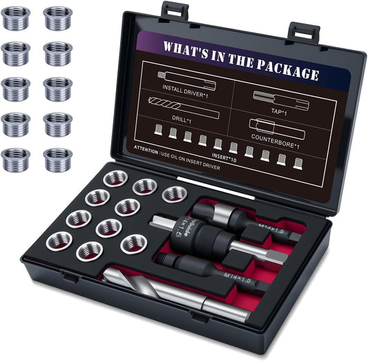 SENNMONN M14X1.5 Metric Thread Repair Kit with Insert HSS Drill, Tap, Counterbore, Installation Driver, Tap Guides, 10PC Stainless Steel Insert 9.4MM