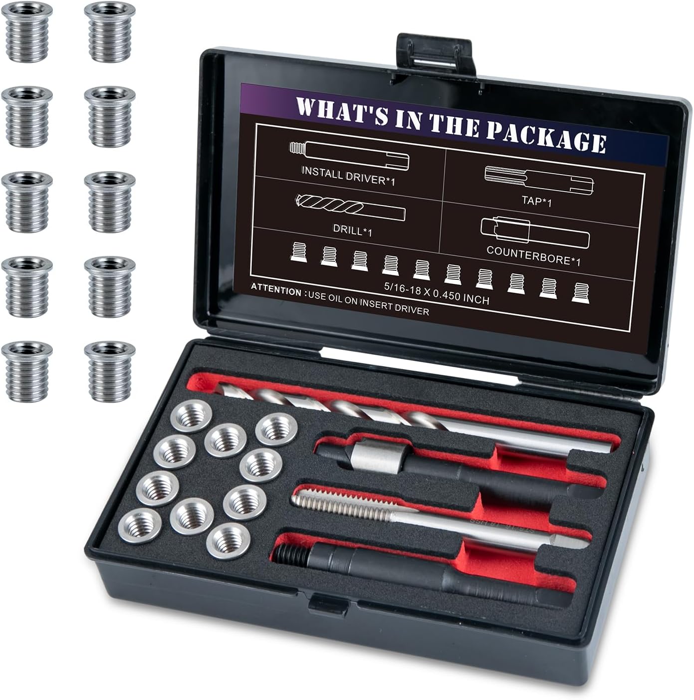 SENNMONN 5/16-18 SAE Thread Repair Kit with Insert HSS Drill, Tap, Counterbore, Installation Driver, 10PCS Stainless Steel Insert 5/16-18X0.450 INCH