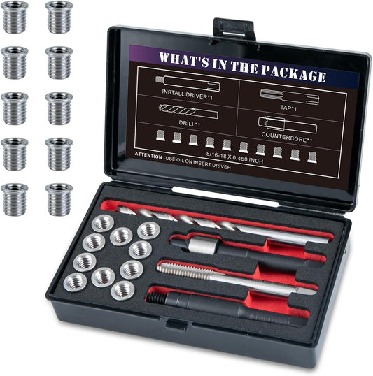 SENNMONN 5/16-18 SAE Thread Repair Kit with Insert HSS Drill, Tap, Counterbore, Installation Driver, 10PCS Stainless Steel Insert 5/16-18X0.450 INCH