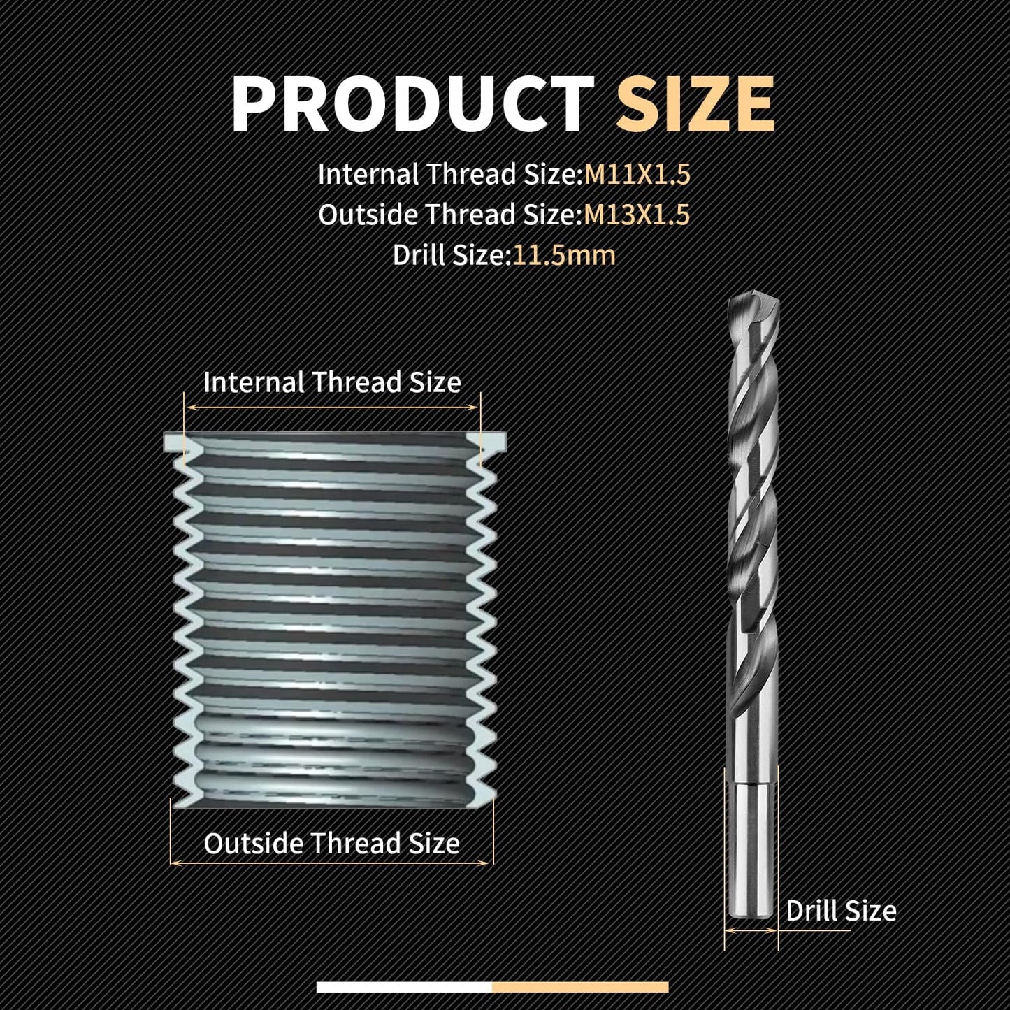 SENNMONN M11X1.5 Metric Thread Repair Kit with Insert HSS Drill, Tap, Counterbore, Installation Driver, 10PCS Stainless Steel Insert M11X1.5X30MM