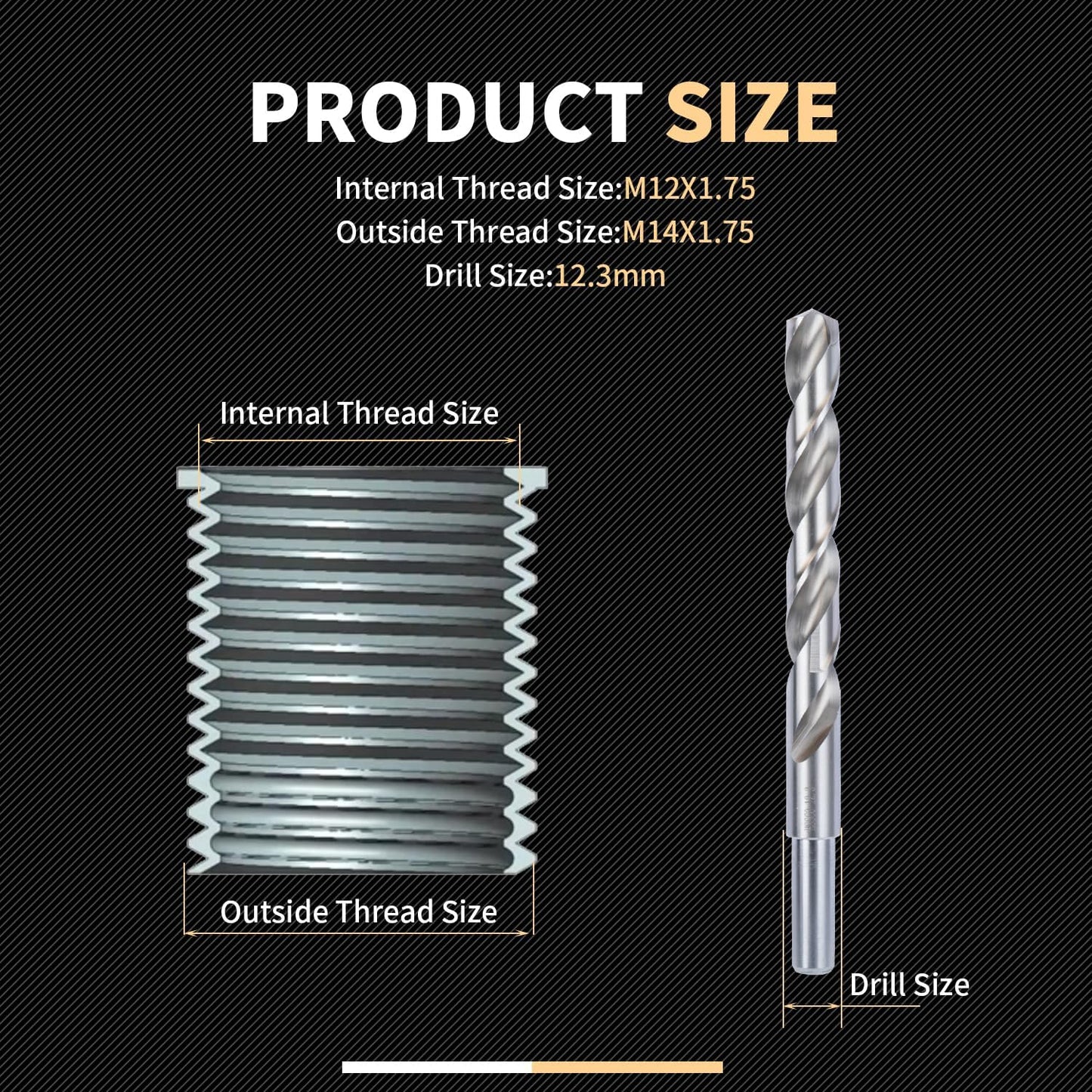 SENNMONN M12X1.75 Metric Thread Repair Kit with Insert HSS Drill, Tap, Counterbore, Installation Driver, 10PCS Stainless Steel Insert M12X1.75X16.2MM