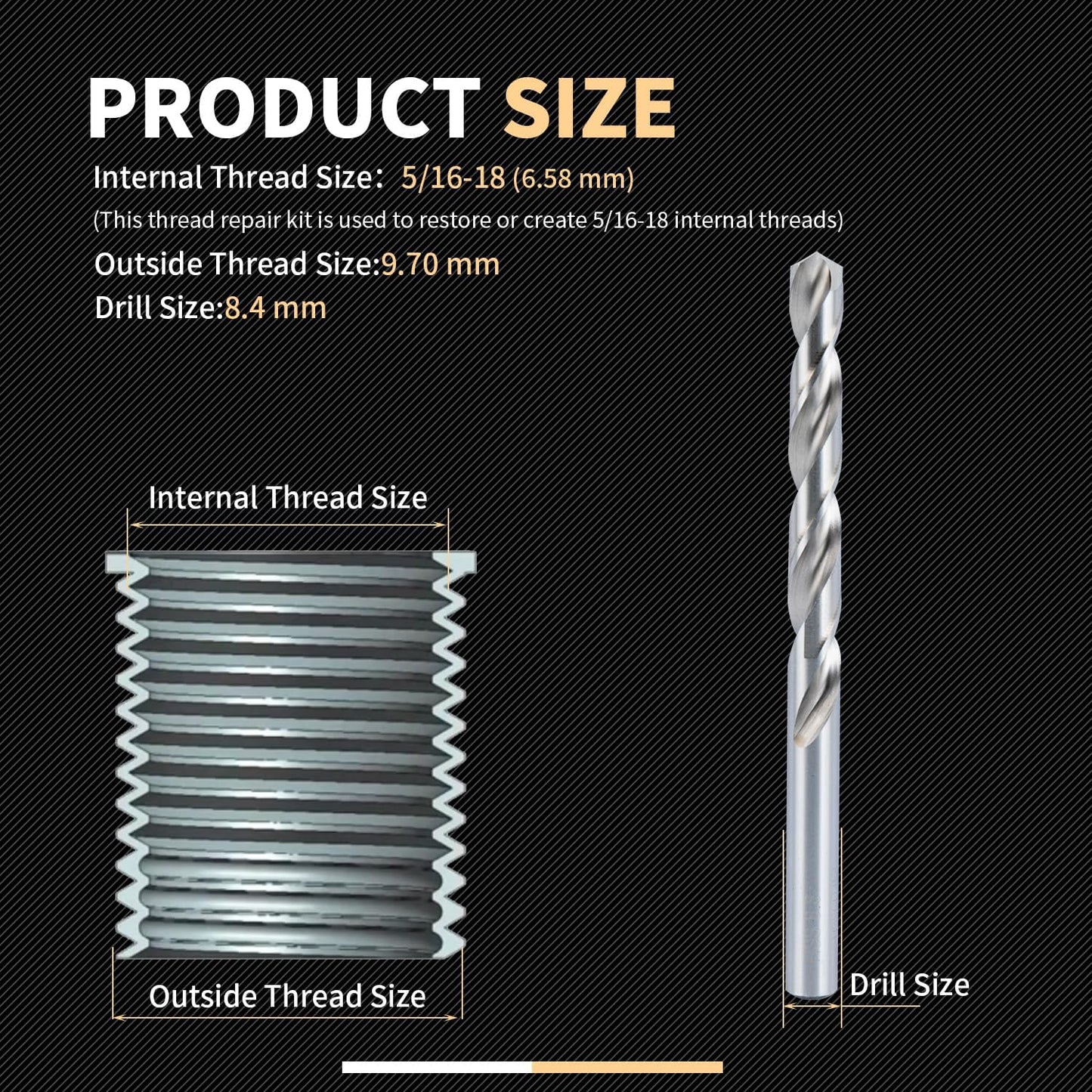 SENNMONN 5/16-18 SAE Thread Repair Kit with Insert HSS Drill, Tap, Counterbore, Installation Driver, 10PCS Stainless Steel Insert 5/16-18X0.450 INCH