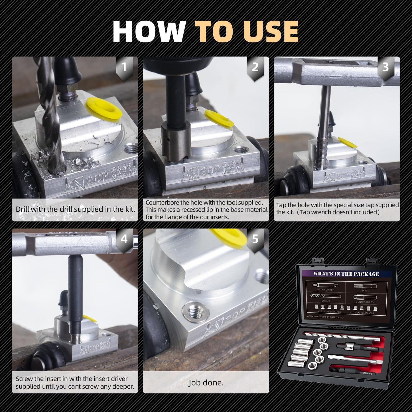 SENNMONN M11X2.0 Metric Thread Repair Kit with Insert HSS Drill, Tap, Installation Driver, Counterbore, Stainless Steel Insert 5PCS 16.2MM&5PCS 28.2MM
