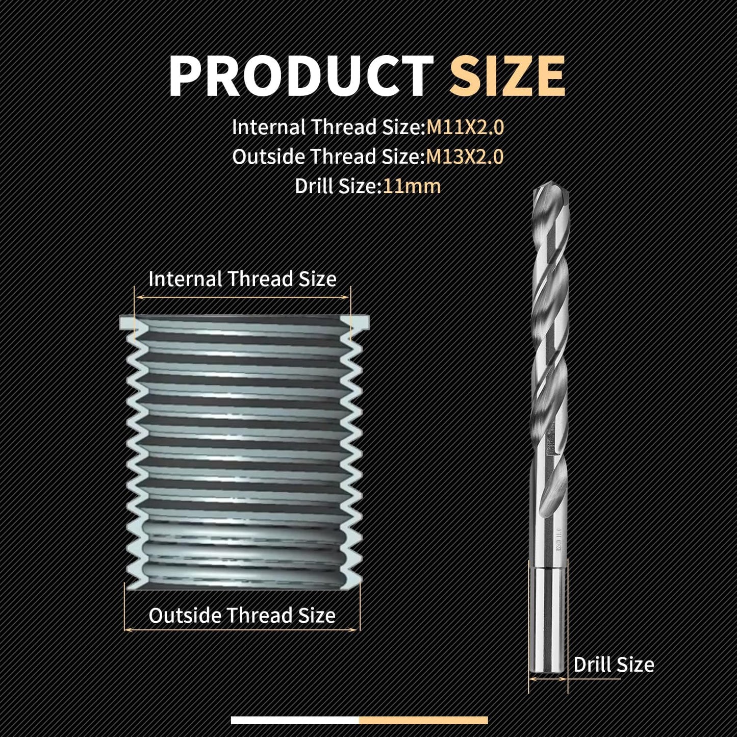 SENNMONN M11X2.0 Metric Thread Repair Kit with Insert HSS Drill, Tap, Installation Driver, Counterbore, Stainless Steel Insert 5PCS 16.2MM&5PCS 28.2MM