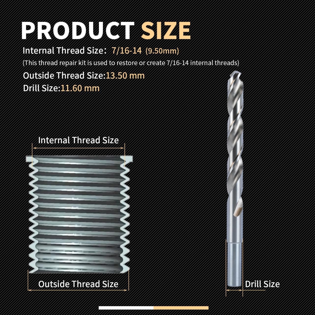 SENNMONN 7/16-14 SAE Thread Repair Kit with Insert HSS Drill, Tap, Counterbore, Installation Driver, 10PCS Stainless Steel Insert 7/16-14X0.600 INCH