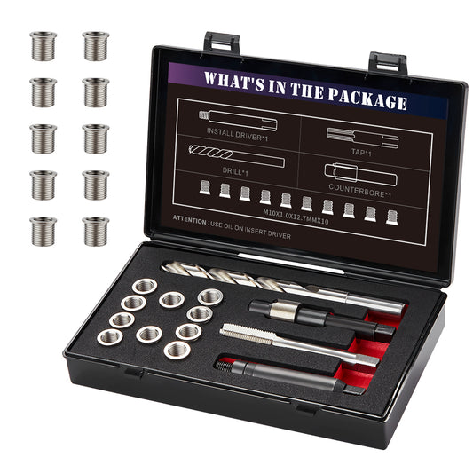 SENNMONN M10X1.0 Thread Repair Kit with Insert HSS Drill, Tap, Counterbore, Installation Driver, Metric, 10PCS Stainless Steel Insert M10X1.0X12.7MM