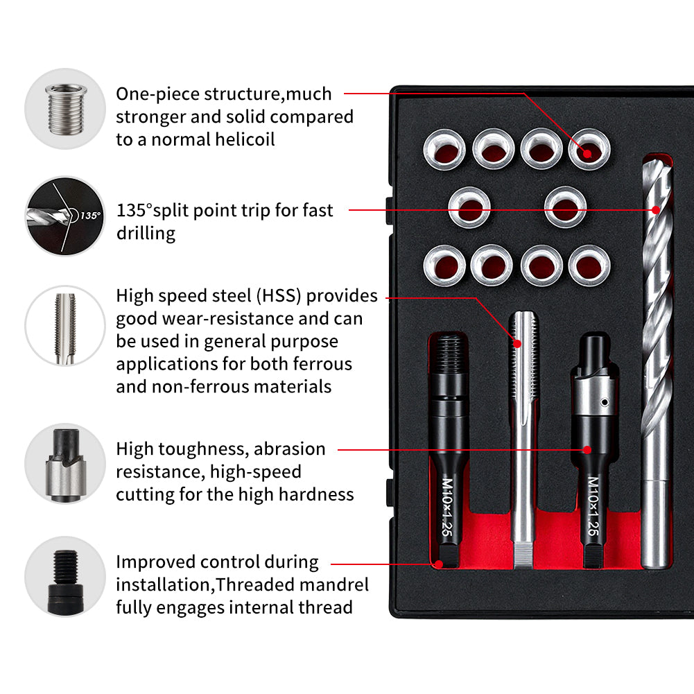 SENNMONN M10X1.25 Thread Repair Kit with 14mm Insert HSS Drill, Tap, Counterbore,Installation Driver,Stainless Steel Insert M10*1.25 * 14mm *10PCS