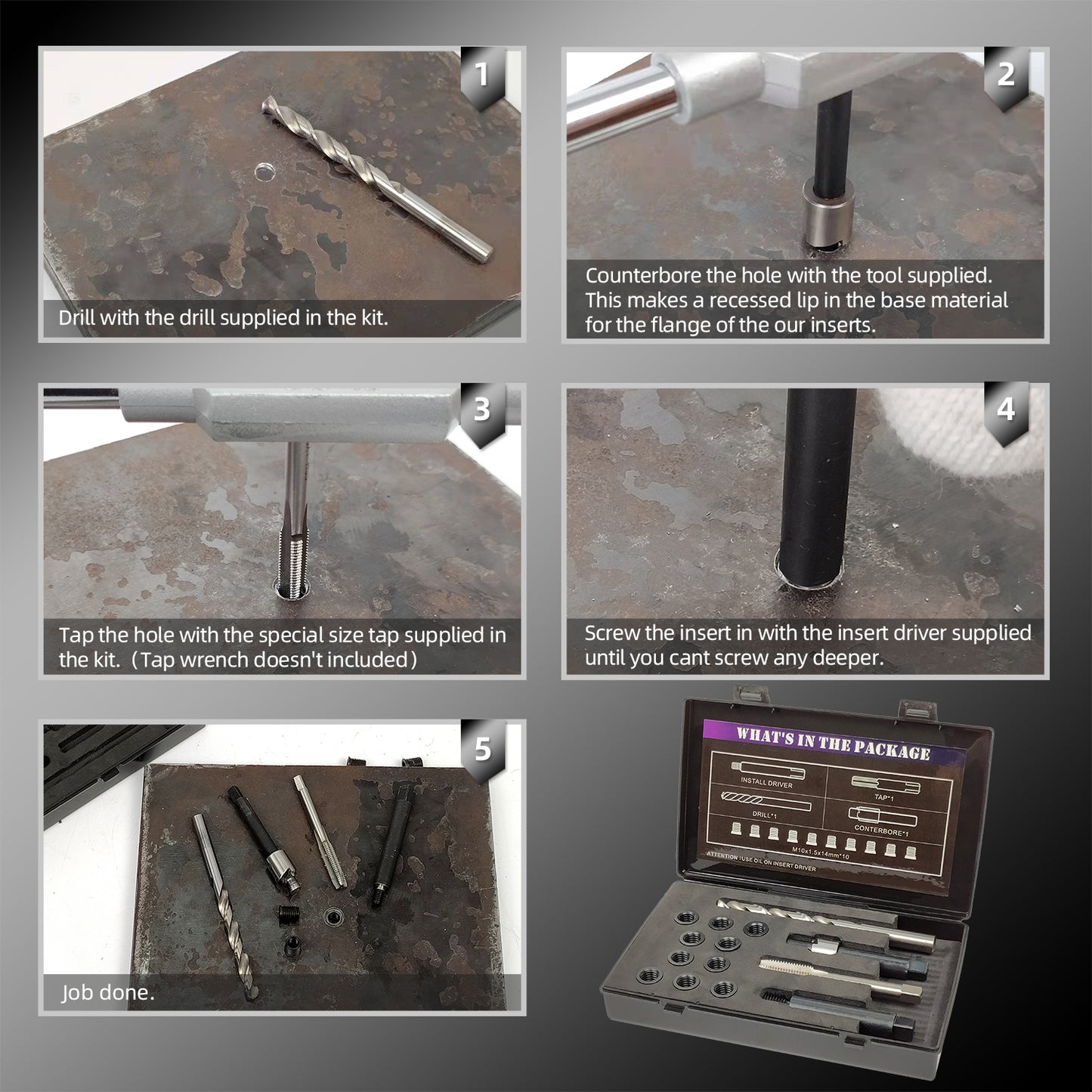 SENNMONN M10x1.5 Thread Repair Kit with 14mm Insert HSS Drill, Tap, Counterbore,Installation Driver,Stainless Steel Insert M10*1.5 * 14mm *10pcs
