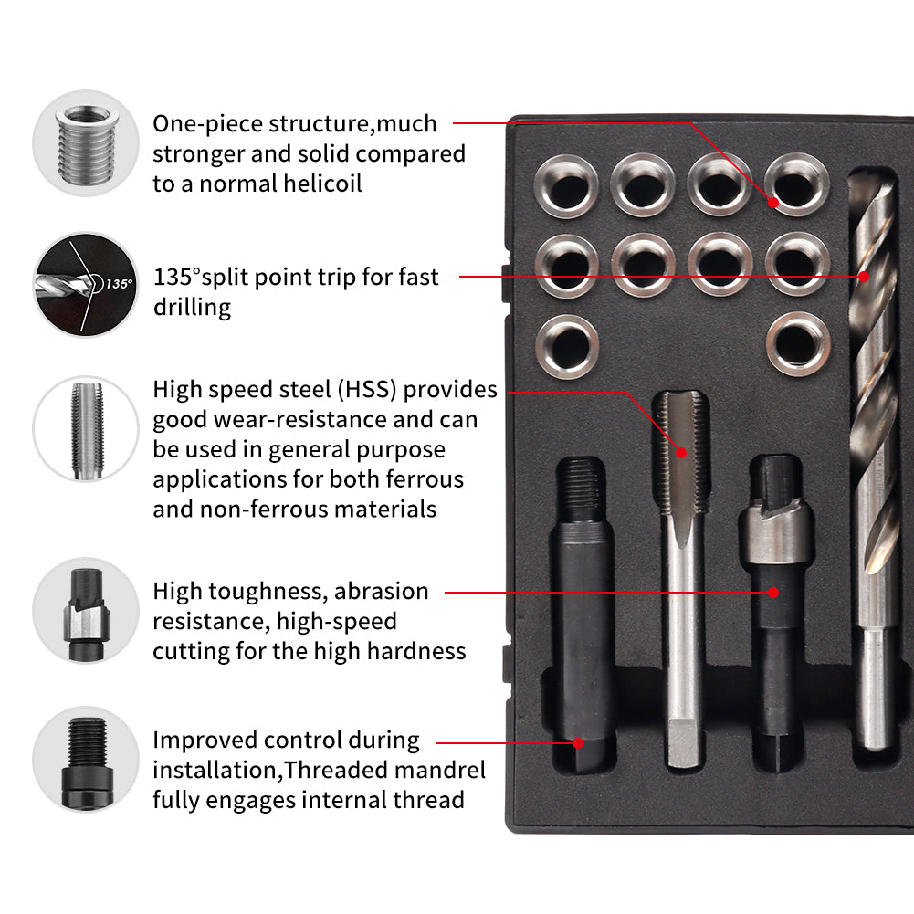 SENNMONN M12x1.25 Thread Repair Kit with Insert HSS Drill, Tap, Counterbore, Installation Driver, Metric, 10PCS Stainless Steel Insert M12X1.25X15MM
