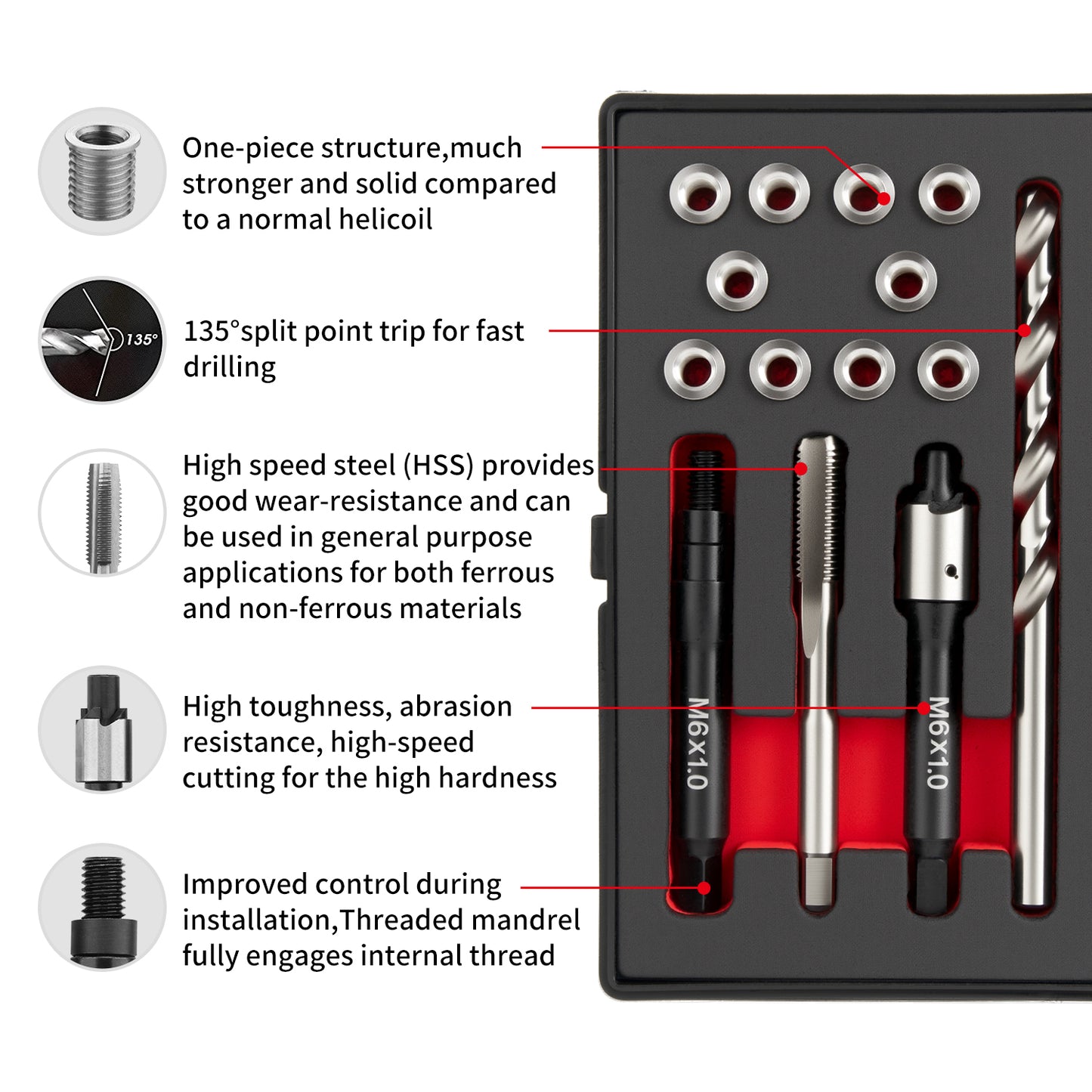 SENNMONN M6X1.0 Thread Repair Kit with 9.4mm Insert HSS Drill, Tap, Installation Driver, Counterbore, Stainless Steel Insert M6X1.0X9.4mmX10 PCS