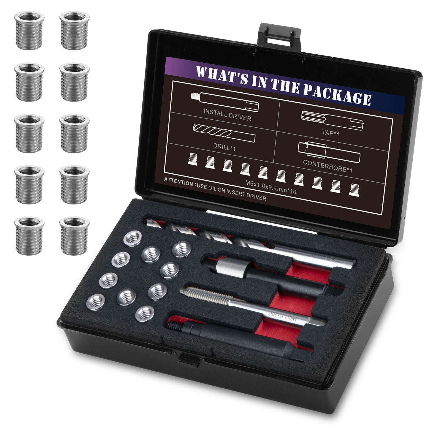 SENNMONN M6X1.0 Thread Repair Kit with 9.4mm Insert HSS Drill, Tap, Installation Driver, Counterbore, Stainless Steel Insert M6X1.0X9.4mmX10 PCS