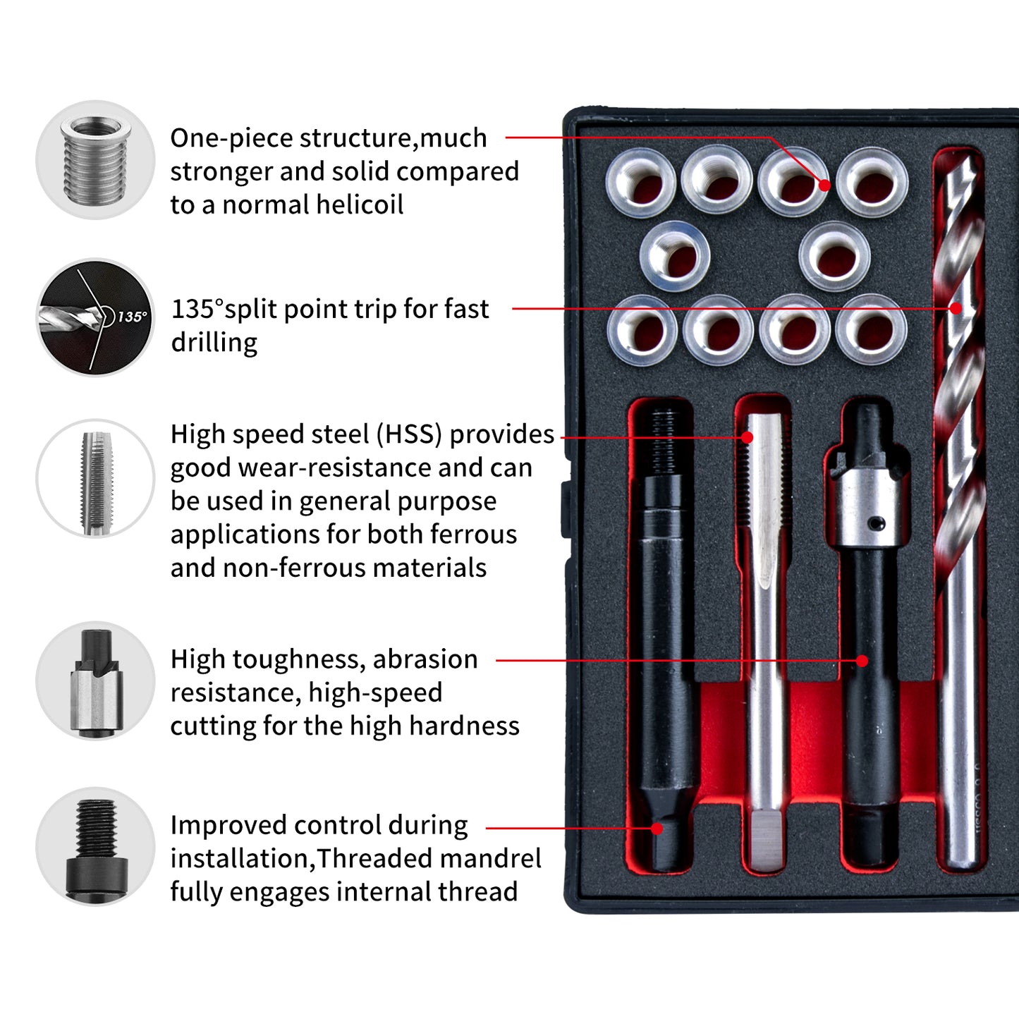 SENNMONN M8X1.0 Thread Repair Kit with Insert HSS Drill, Tap, Counterbore, Installation Driver, Metric, 10PCS Stainless Steel Insert M8X1.0X11.7MM