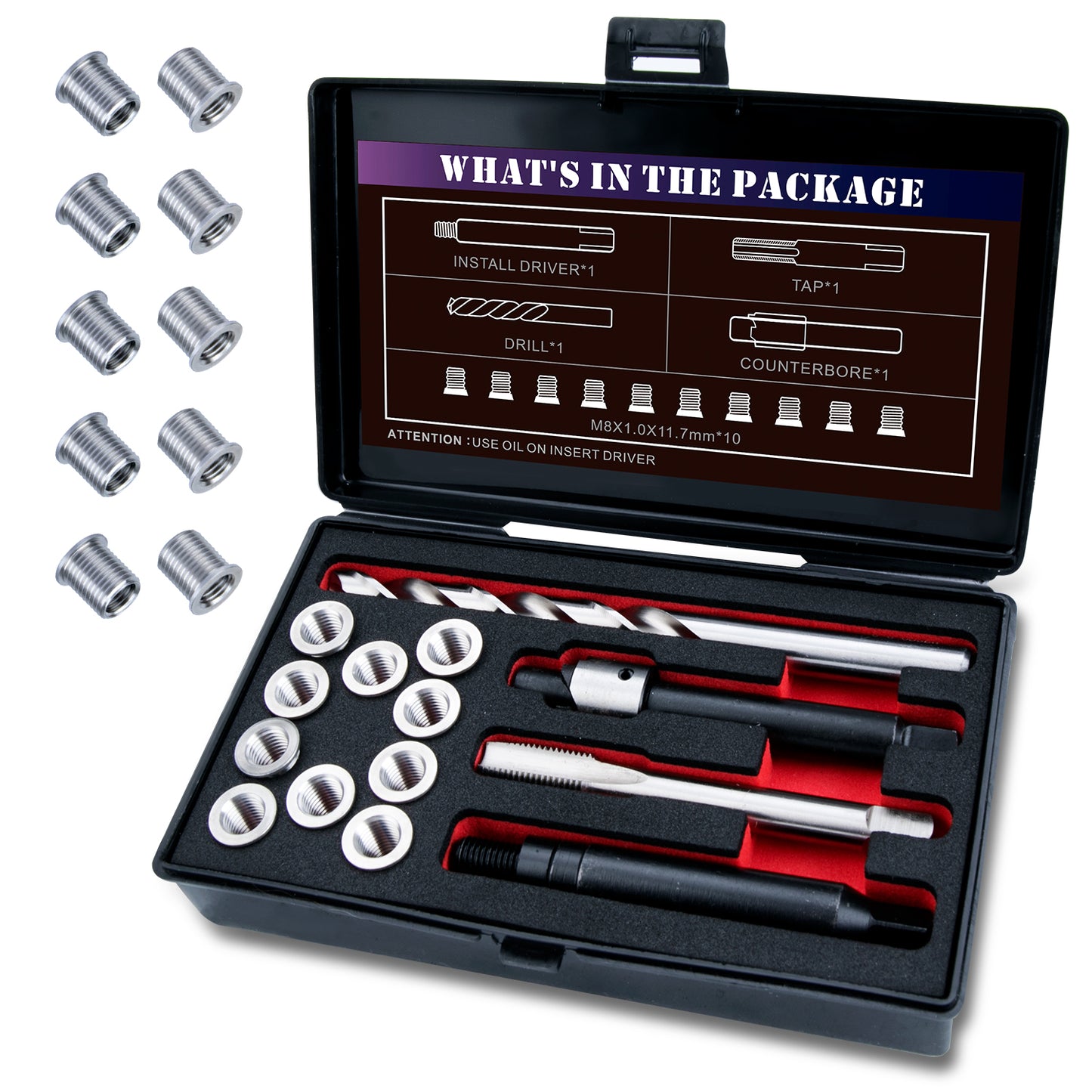 SENNMONN M8X1.0 Thread Repair Kit with Insert HSS Drill, Tap, Counterbore, Installation Driver, Metric, 10PCS Stainless Steel Insert M8X1.0X11.7MM