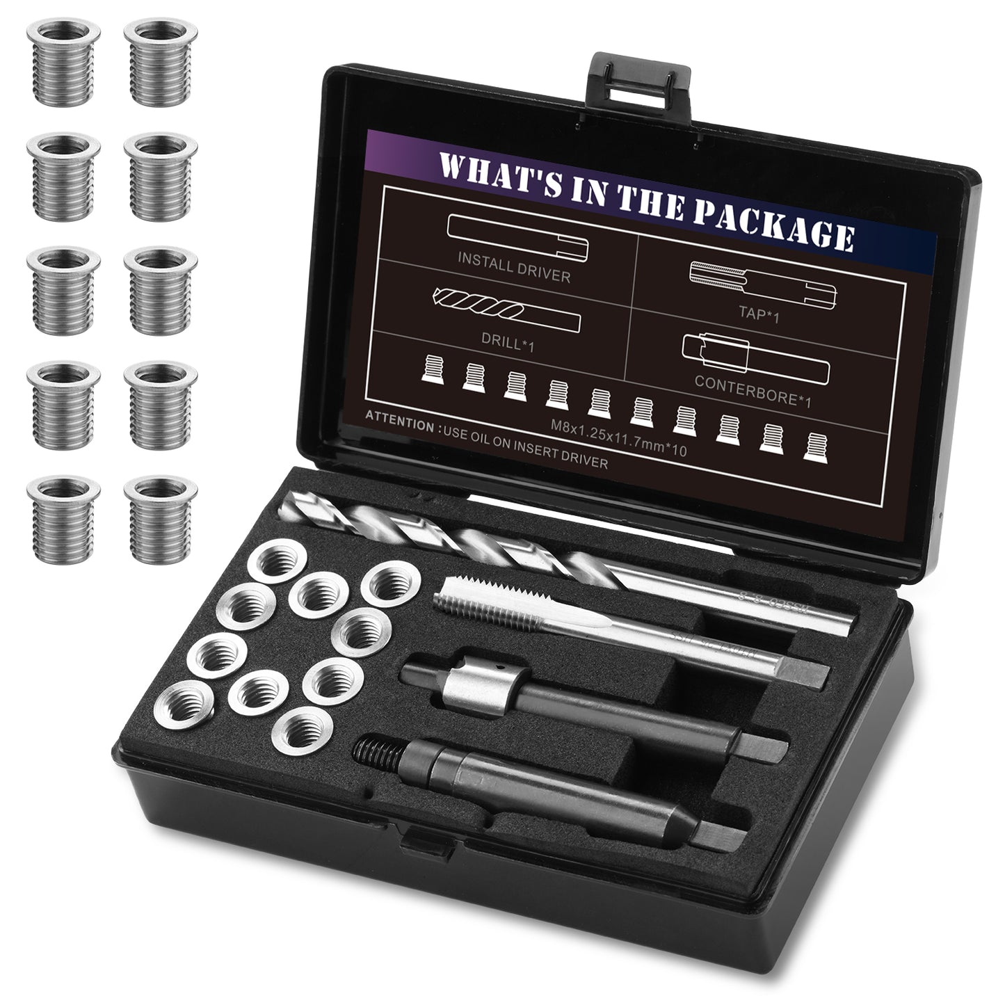 SENNMONN M8x1.25 Thread Repair Kit with 11.7mm Insert HSS Drill, Tap, Installation Driver,Stainless Steel Insert M8x1.25x11.7mmx10pcs