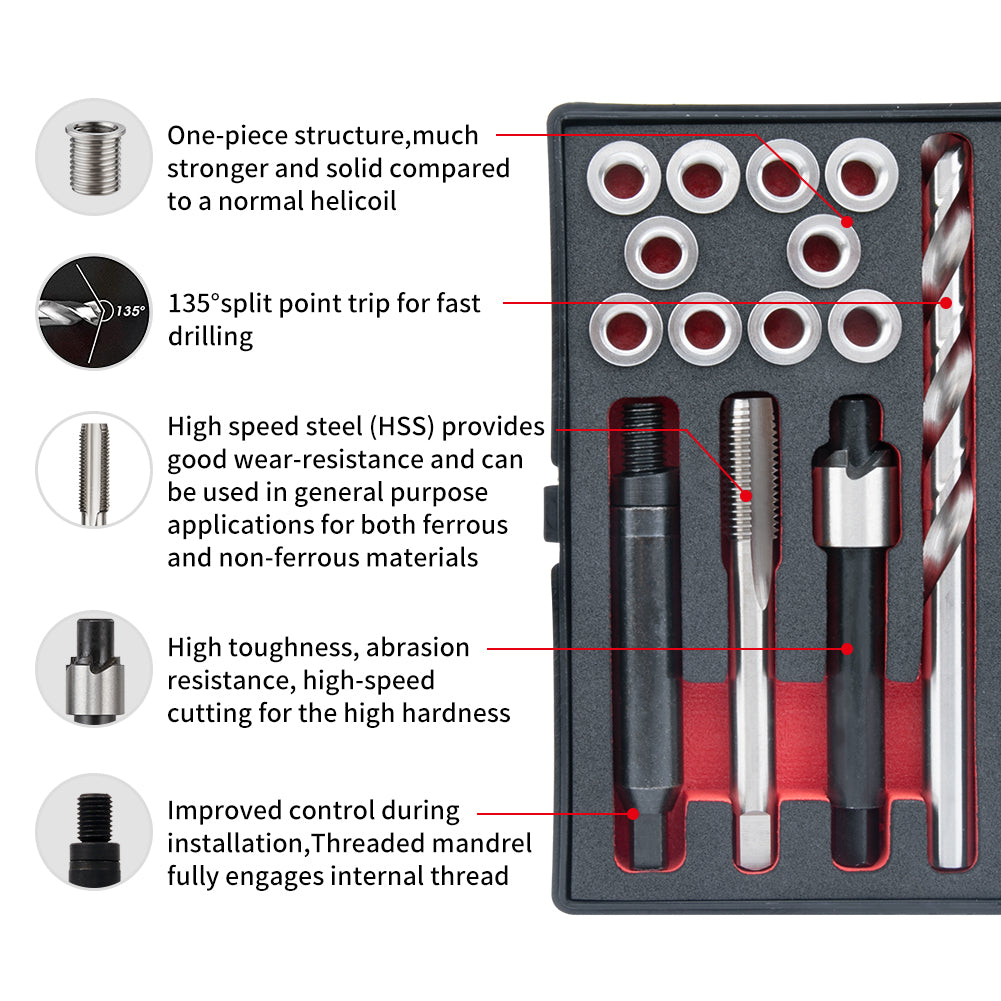 SENNMONN M8x1.25 Thread Repair Kit with 11.7mm Insert HSS Drill, Tap, Installation Driver,Stainless Steel Insert M8x1.25x11.7mmx10pcs