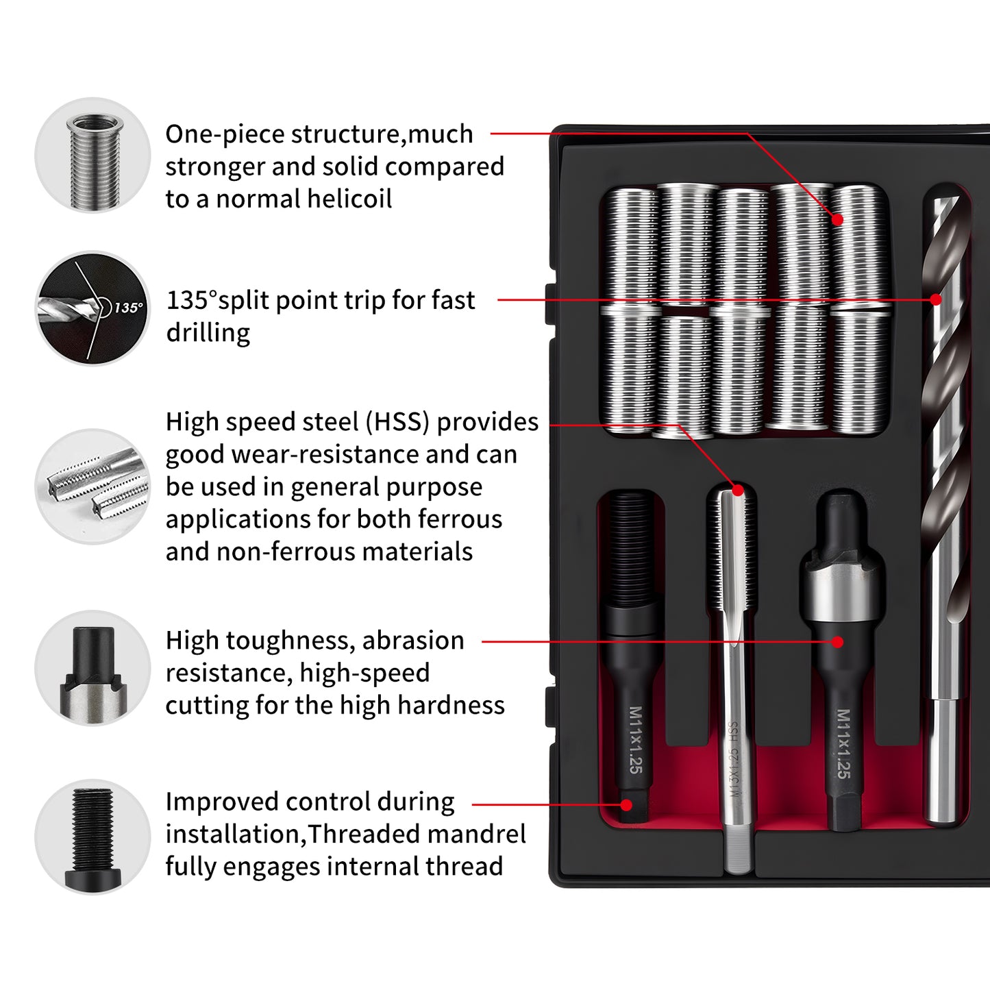 SENNMONN M11X1.25 Thread Repair Kit with Insert HSS Drill, Tap, Counterbore, Installation Driver, Metric, 10PC Stainless Steel Insert M11X1.25X28.2MM