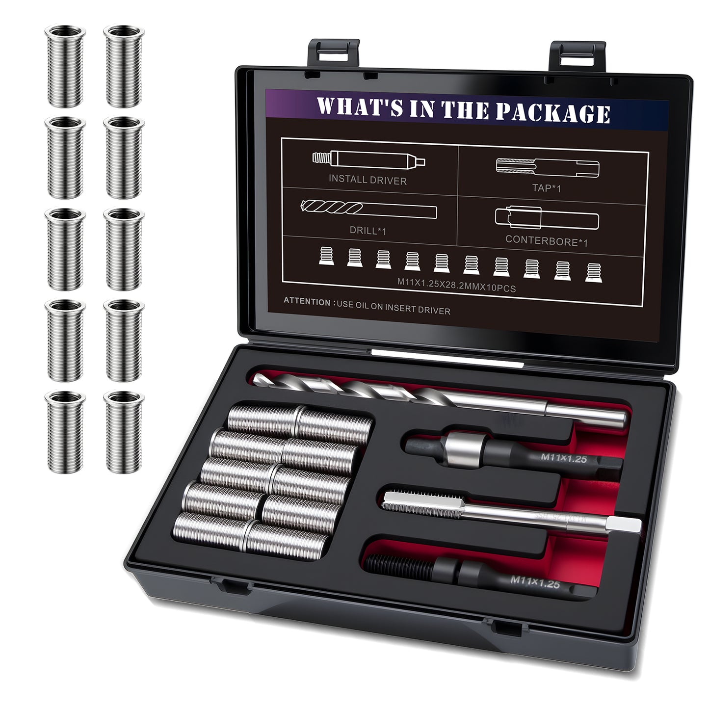 SENNMONN M11X1.25 Thread Repair Kit with Insert HSS Drill, Tap, Counterbore, Installation Driver, Metric, 10PC Stainless Steel Insert M11X1.25X28.2MM