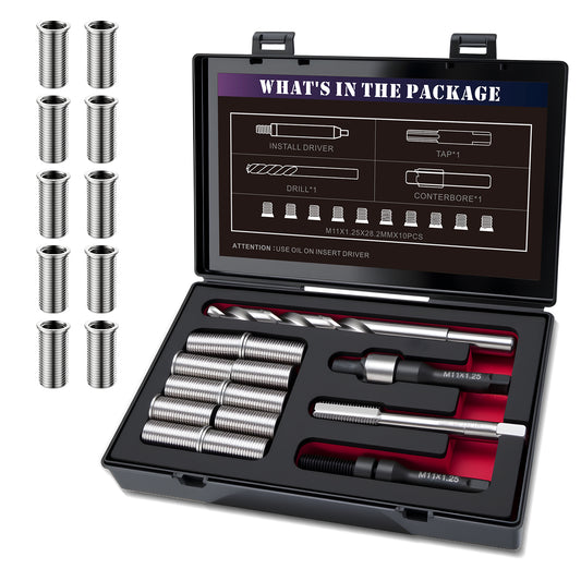 SENNMONN M11X1.25 Thread Repair Kit with Insert HSS Drill, Tap, Counterbore, Installation Driver, Metric, 10PC Stainless Steel Insert M11X1.25X28.2MM