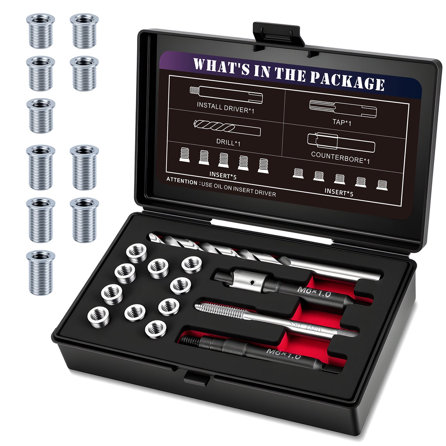 SENNMONN M6X1.0 Metric Thread Repair Kit with Insert HSS Drill, Tap, Installation Driver, Counterbore, Stainless Steel Insert 5PCS 9.4MM & 5PCS 12MM