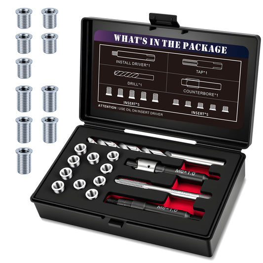 SENNMONN M6X1.0 Metric Thread Repair Kit with Insert HSS Drill, Tap, Installation Driver, Counterbore, Stainless Steel Insert 5PCS 9.4MM & 5PCS 12MM