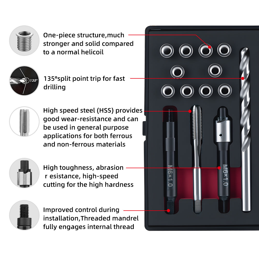 SENNMONN M6X1.0 Metric Thread Repair Kit with Insert HSS Drill, Tap, Installation Driver, Counterbore, Stainless Steel Insert 5PCS 9.4MM & 5PCS 12MM