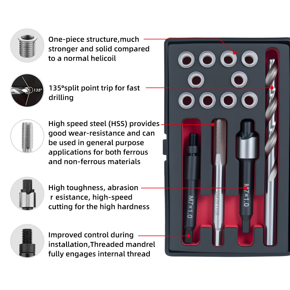 SENNMONN M7x1.0X10MM Thread Repair Kit with Insert HSS Drill, Tap, Counterbore, Installation Driver, Metric, 10PCS Stainless Steel Insert M7x1.0X10MM