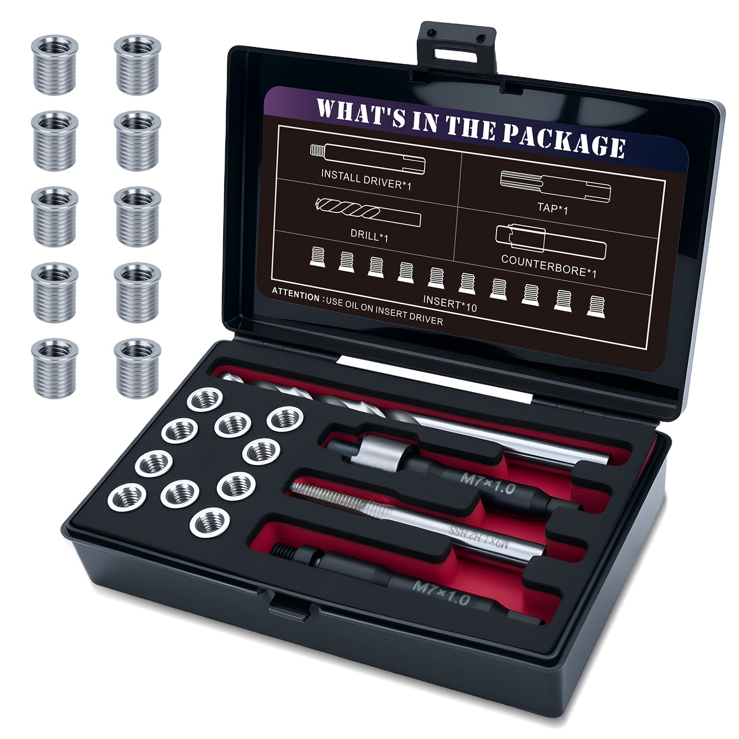 SENNMONN M7x1.0X10MM Thread Repair Kit with Insert HSS Drill, Tap, Counterbore, Installation Driver, Metric, 10PCS Stainless Steel Insert M7x1.0X10MM