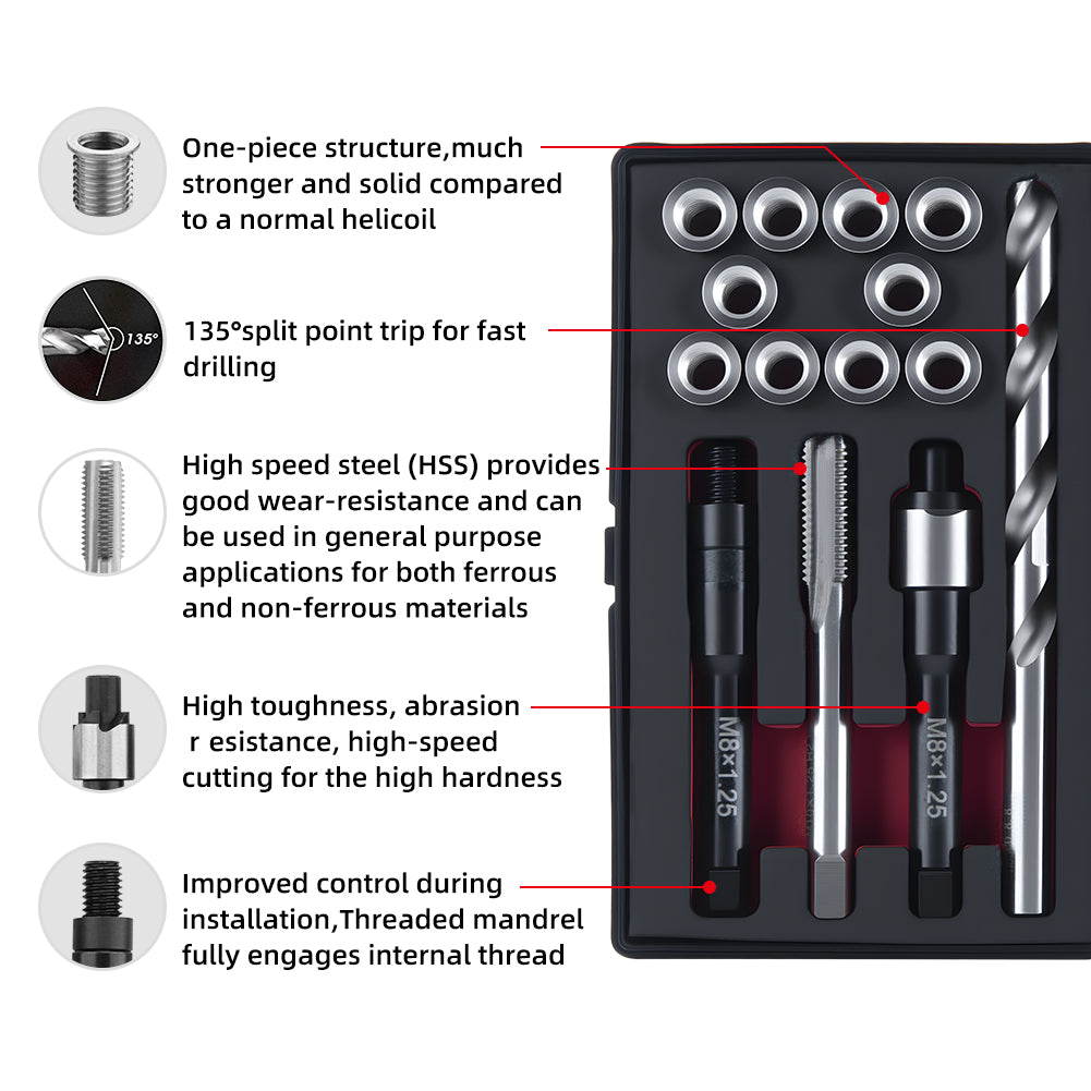 SENNMONN M8X1.25 Metric Thread Repair Kit with Insert HSS Drill, Tap, Installation Driver, Counterbore, Stainless Steel Insert 5PCS 11.7MM&5PCS 16.2MM