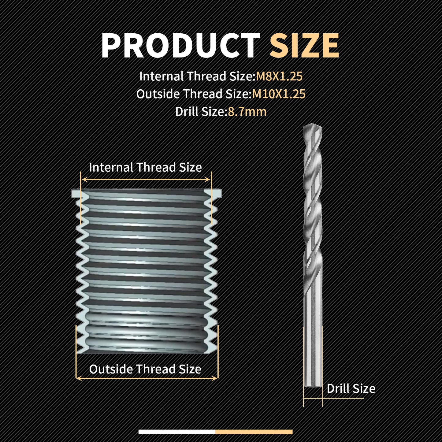 SENNMONN M8X1.25 Metric Thread Repair Kit with Insert HSS Drill, Tap, Installation Driver, Counterbore, Stainless Steel Insert 5PCS 11.7MM&5PCS 16.2MM